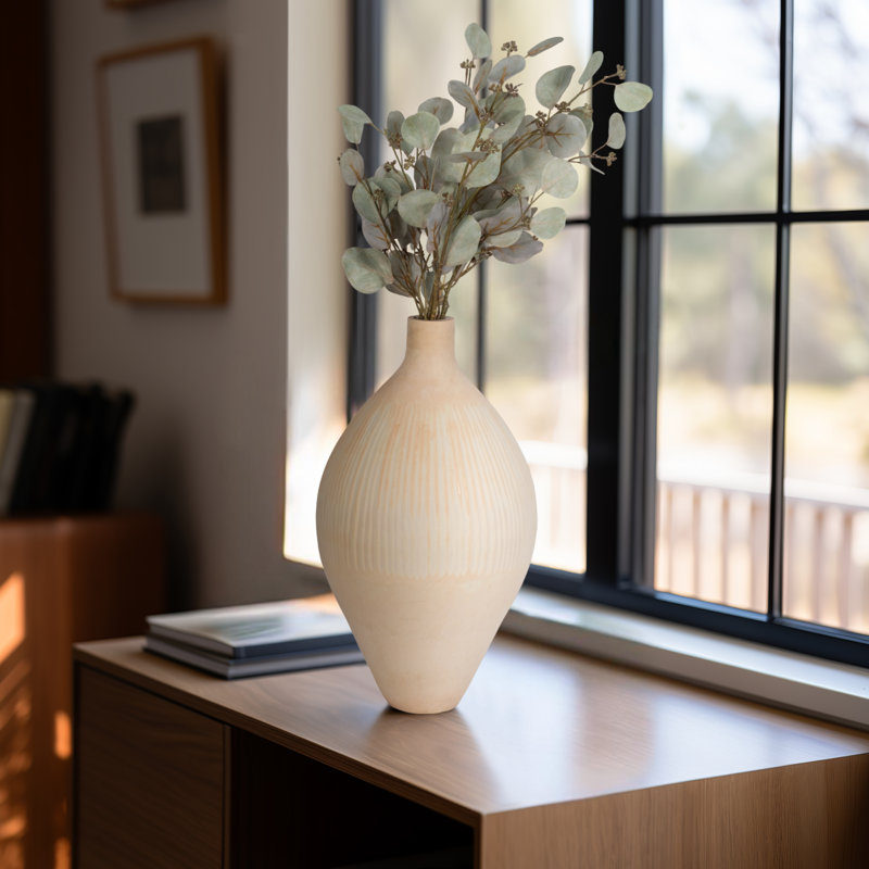Modern Round Ribbed Glass Vase for Home Decor – Decorative Tall Flower Vase Perfect for Dining Room Table, Kitchen Accent, or Bedroom Decor