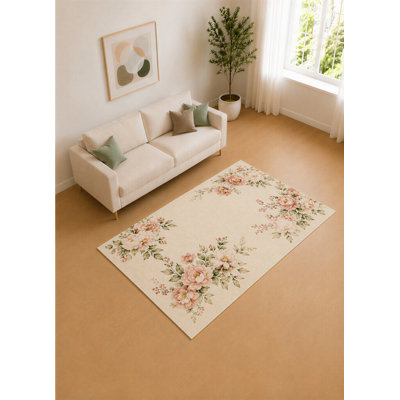 Tapis ultra-léger 152 x 213 cm (5 pi x 7 pi) à bordure florale rose poudré et ivoire, idéal pour le salon. Moquette douce à poils courts avec envers antidérapant en silicone, parfaite pour la chambre à coucher et le bureau.