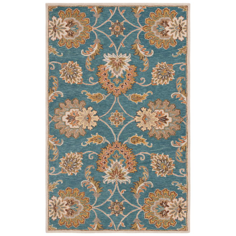 Heritage Handtufted Wool Cotton Floral Rug in Blue/Yellow, Rectangle 5' x 8'