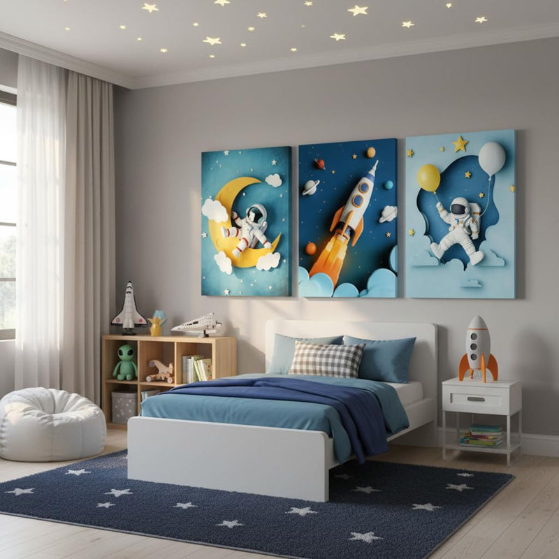 3Pcs Nursery Space Canvas Wall Art Astronaut Space Planets Theme Rocket Spaceman Painting Picture Wall Decor Explore Dream Galaxy Poster Print Artwork for Boysroom Kidsroom Classroom Home Decoration
