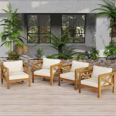 Outdoor Acacia Wood Club Wooden Armchair with Cushions (Set of 4), Conversation Set,Suitable For Outdoor Gatherings,Teak Finish,Beige Cushion