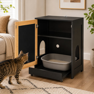 Bac à litière avec porte à griffer en sisal, tiroir à litière amovible et tablette de rangement supérieure, noir
