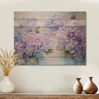 Purple Hydrangea Paradise Flowers I - Flower Field Wood Wall Art On Natural Pine Wood