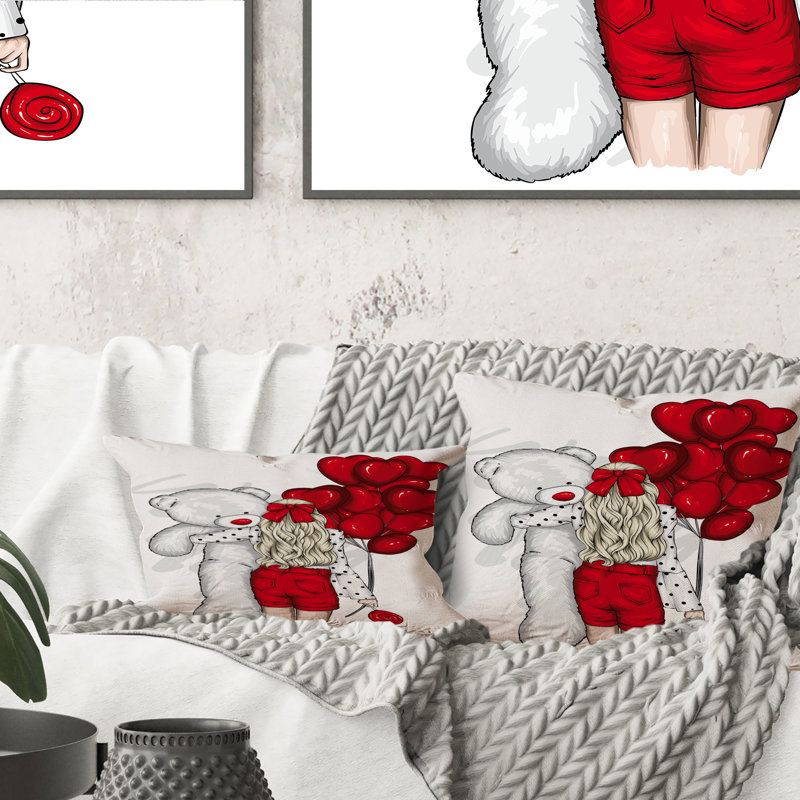 Fille avec les cheveux longs et les ballons en forme de cœur rouge - Coussin décoratif imprimé moderne