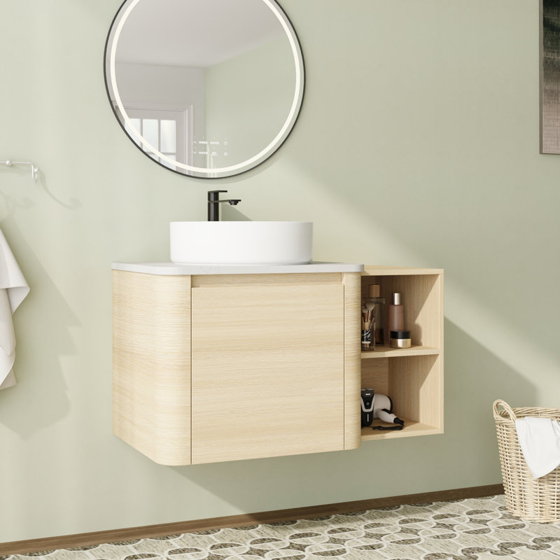 Meuble-lavabo mural simple 36 po avec plateau en pierre reconstituée et portes à fermeture en douceur, Blanc, 36"