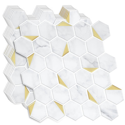 Carreaux muraux auto-adhésifs en vinyle à motif hexagonal incrusté de marbre blanc l 11,8 po x P 11,8 po pour la cuisine, le dosseret de salle de bain, le véhicule récréatif et la décoration intérieure