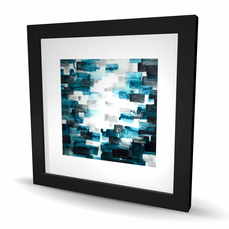 Turquoise et carrés gris - reproduction abstraite encadrée, H 16 po x l 16 po, Noir