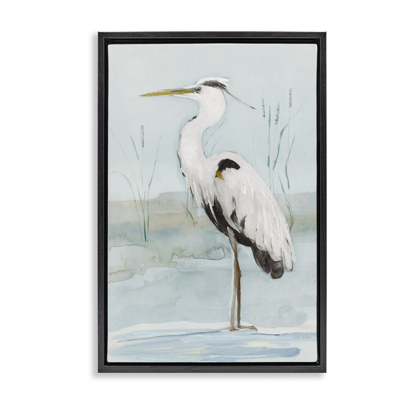 Aigrette blanche debout sur toile flottante par Sally Swatland, H 31 po x l 21 po, Cadre flottant noir de jais