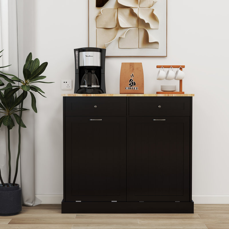 Two Drawers and Two-Compartment Tilt-Out Trash Cabinet, Black