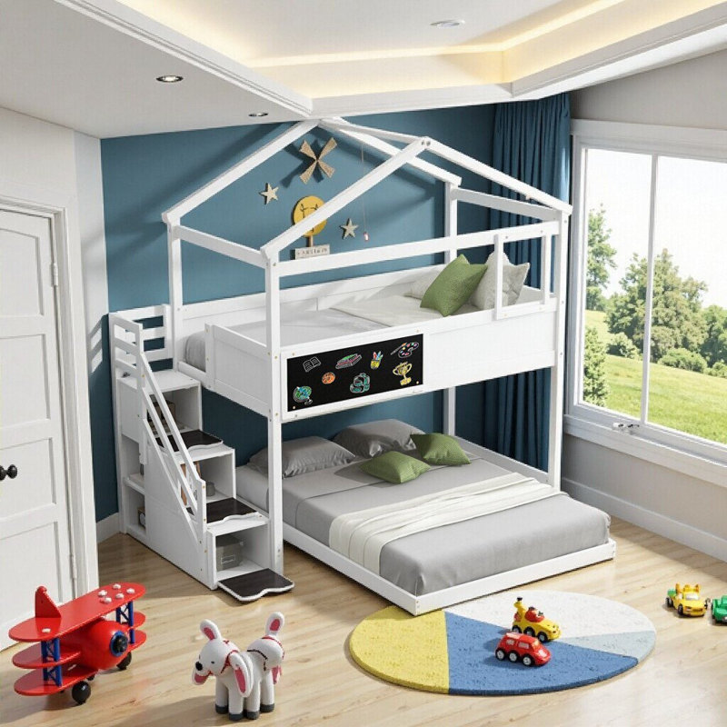 Lit superposé simple au-dessus d'une chambre double avec escalier de rangement et tableau noir Dreamy, Blanc
