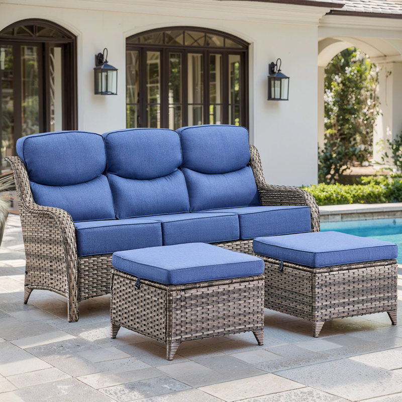 3-Piece Patio Furniture Sofa Set With Ottomans, 6-Inch Ultra-Plush Cushions & Water-Resistant Olefin Fabric, Blue