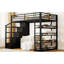 Lit mezzanine double en métal noir avec escalier de rangement et tablettes à 4 niveaux, tablettes pour étude, espace de loisirs idéal, armoires de garde-corps sécuritaires convertibles en espace de lecture ou d'artisanat, longueur