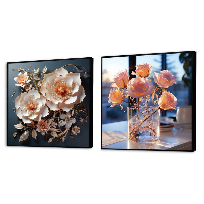 Ensemble de 2 roses blanches modernes romantiques transparentes - ensemble de collage carré floral, Cadre flottant noir