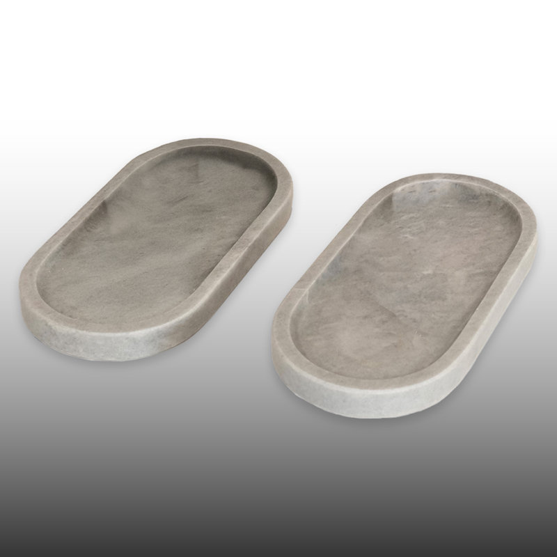 2 Pieces 100% Marble Oval Bathroom Tray Set, Gray