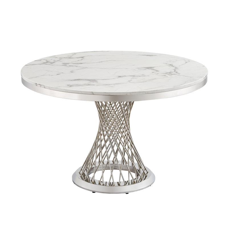 Table de cuisine ronde 47 po avec plateau en faux marbre ultrabrillant et miroir 8k - Base en acier inoxydable poli, convenant à un usage au bureau, argent et blanc 47,16 po