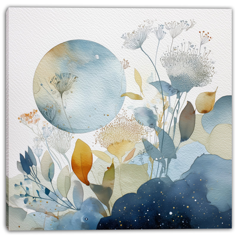 «Celestial Bloom» - Art sur toile tendu à l'aquarelle et à la botanique, H 40 po x l 40 po