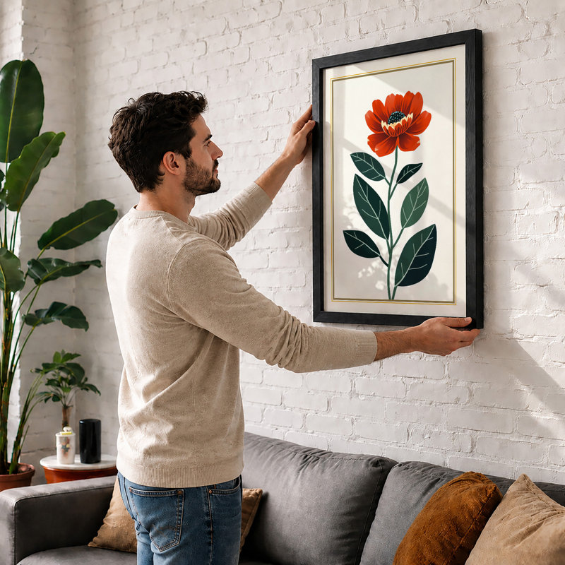 Single Stem in Bloom Botanical - Framed Print, Black, A4 - 29.7 x 21.0 cm