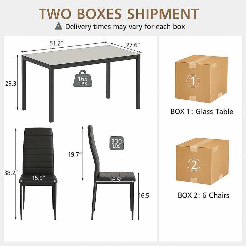 7-Piece Modern Dining Set With Glass Table And 6 Upholstered Chairs, PU Leather & Steel Frame, Space-Saving Design