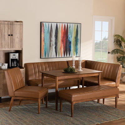 Hilley 5-Pc Dining Nook Set in Tan Faux Leather and Walnut Finished Wood, 31.5'' H X 22'' W X 27'' D