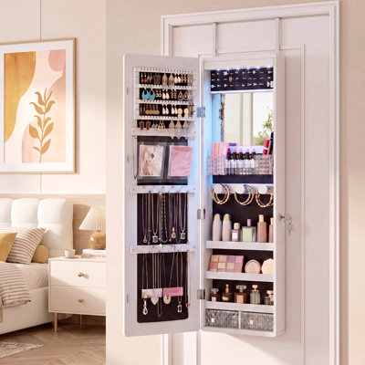 Jewelry Cabinets with Mirror and LED Lights, Door Hanging/Wall Mounted Jewelry Armoire