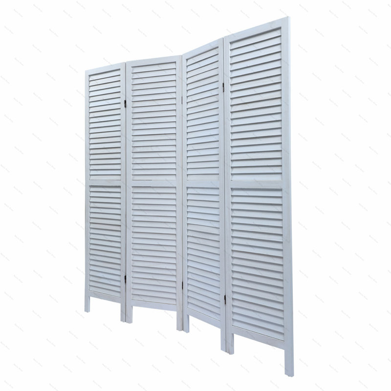 Sycamore wood 4 Panel Screen Folding Louvered Room Divider, Blanc d'antan