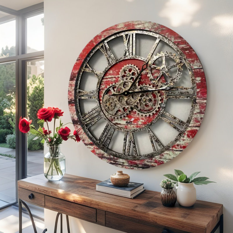 Horloge murale ronde surdimensionnée de 24 po pour le salon avec la collection America, Lave rouge