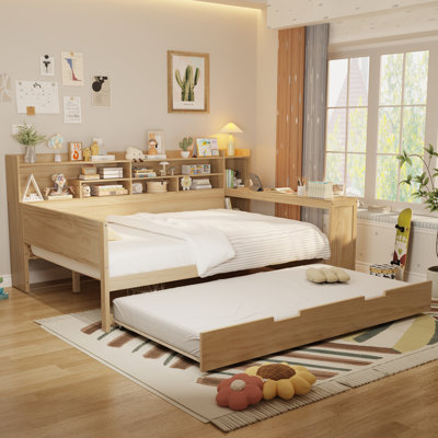 Lit de jour double avec gigogne simple, tablettes de rangement et bureau, lit multifonctionnel en bois, naturel