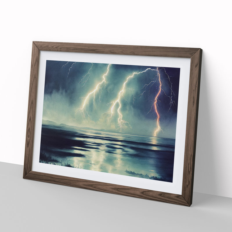Exhilarating Lightning Storm 1 Piece Single Picture Frame Painting, 25cm H x 34cm W x 2cm D, Walnut