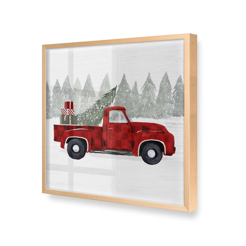 Impression de camionnette 12 po arbre rouge de Noël dans un cadre blanc opaque, Érable brut encadré