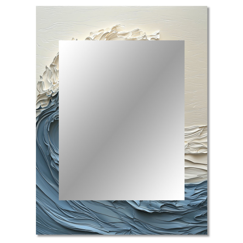 Blanc et bleu Papercut style vague IV - miroir décoratif de vagues, miroir mural blanc, impression d'art en métal