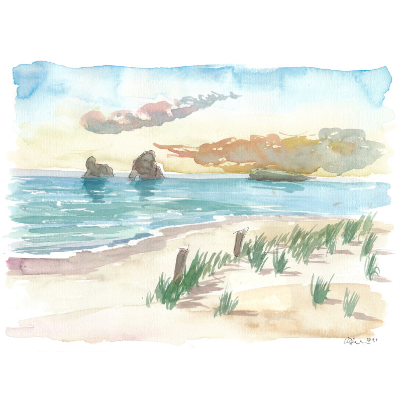 Wharariki Beach Waves New Zealand Dreams par Martina Bleichner - Peinture, 16" H x 20" W, Papier avec cadre noir