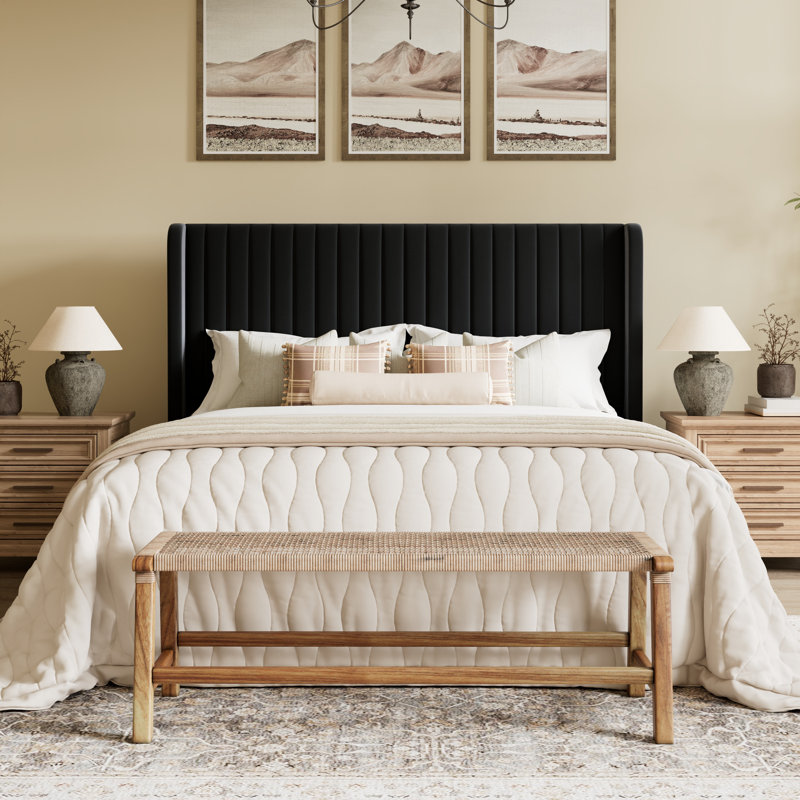 Candler Velvet Upholstered Platform Bed with Wingback Headboard and Wooden Slats, Black, Queen