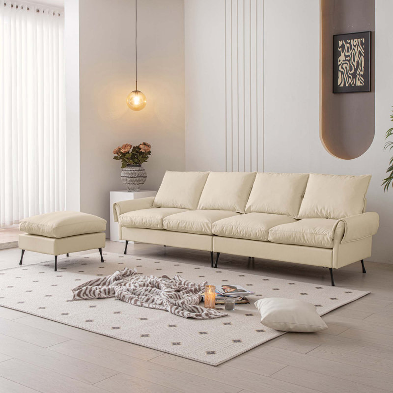 Leaster Vegan Leather Sofa,Sectional , L-Shaped Sofa, Couch , Convertible Ottoman , Beige Faux Leather
