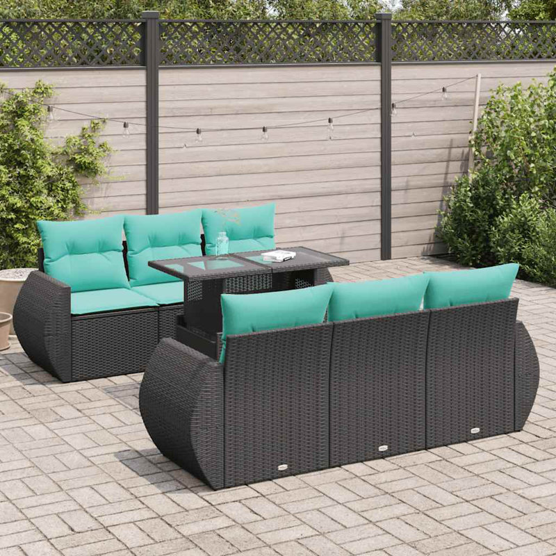  Ensemble de canapé de patio 7 pièces avec coussins en rotin polyacacia, Noir, Vert