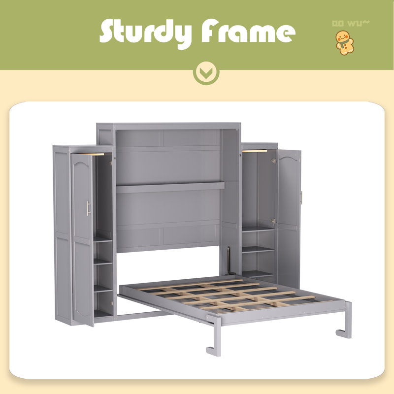 Lit escamotable, lit escamotable double en bois avec 2 garde-robes et tablette de rangement, cadre de lit plateforme pliable multifonctionnel pour chambre d'amis, chambre à coucher