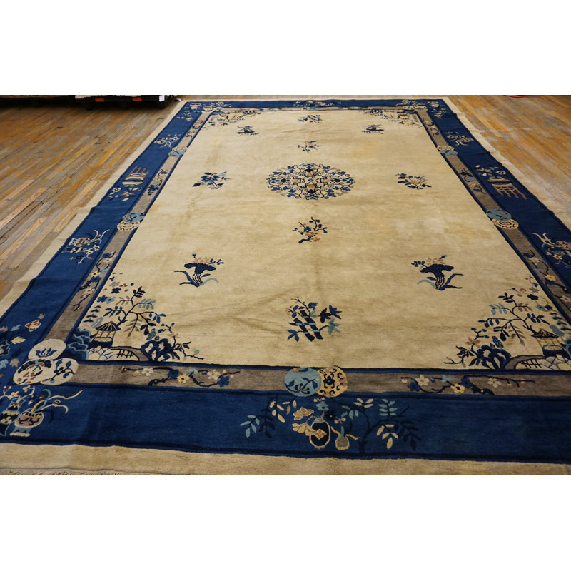 Knotted Wool Chinese Ivory Antique Room Size 1920s Rectangle - Peking Rug