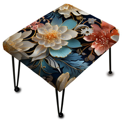 Blue And Beige Metallic Peonies - Floral Rectangle Ottoman