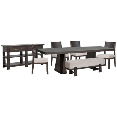 Table de salle à manger extensible à double piédestal avec banc et buffet de 4 chaises d'appoint