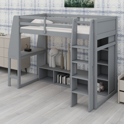 Lit mezzanine pour jouer peu encombrant avec bureau, tablettes de rangement, éclairage à DEL et portemanteau suspendu