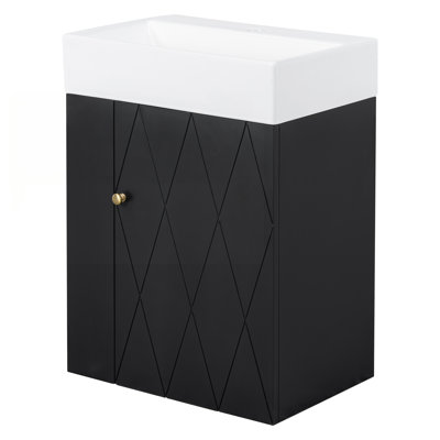 20 Inch Modern Bathroom Vanity with Ceramic Sink, Diamond Pattern Door, Gold Handle, and Side Shelves for Small Spaces