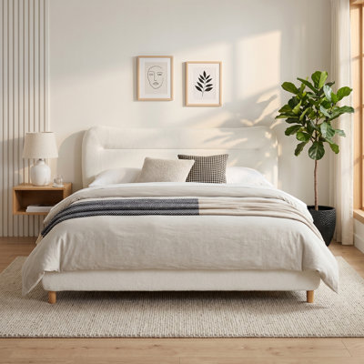 Minimalist curved headboard teddy bear plush bed, Queen, Cream