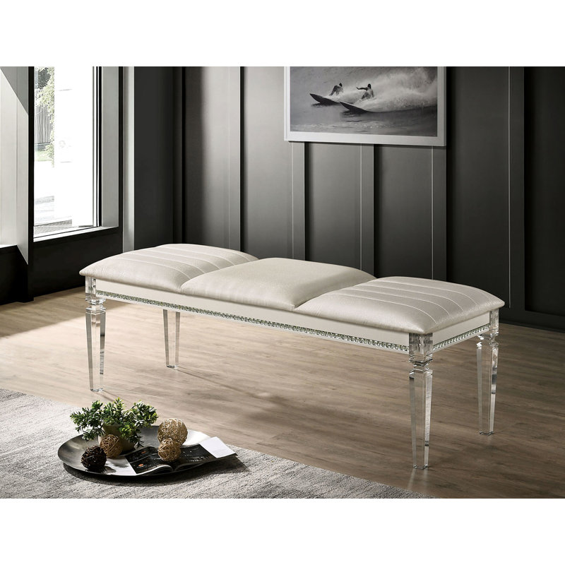 Banc classique classique 1pc avec pieds en acrylique et miroir en bois massif, Blanc antique