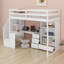 Lit mezzanine simple avec bureau intégré en forme de L, escalier de rangement et tiroirs - Lit d'étude peu encombrant avec armoire, tablettes pour petite pièce-1800228927