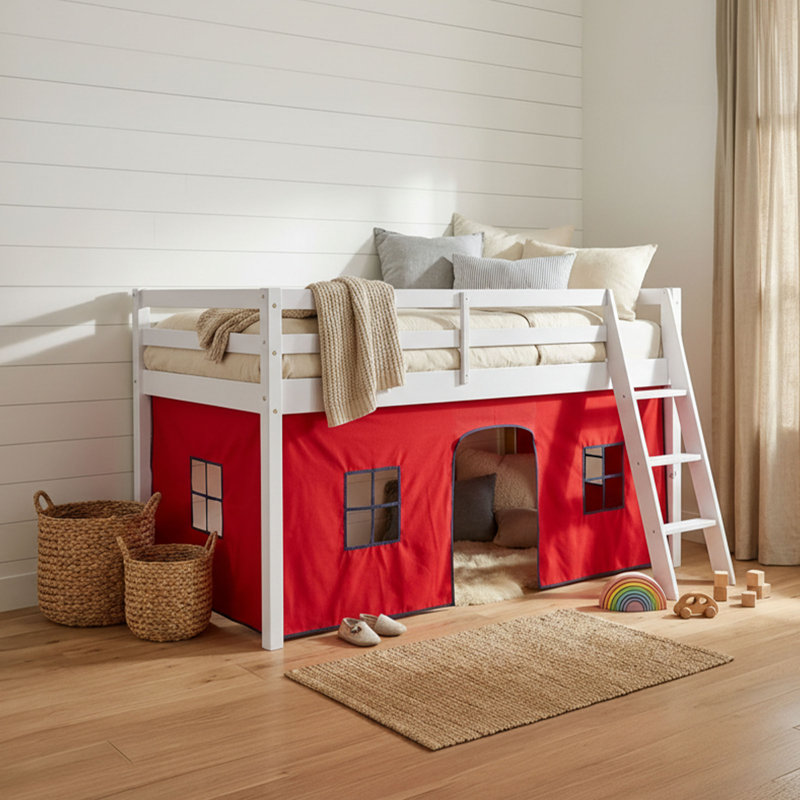 Alaterre Furniture Roxy Low Loft Bed Twin Size with Red and Blue Play Tent (White), White, Red/Blue