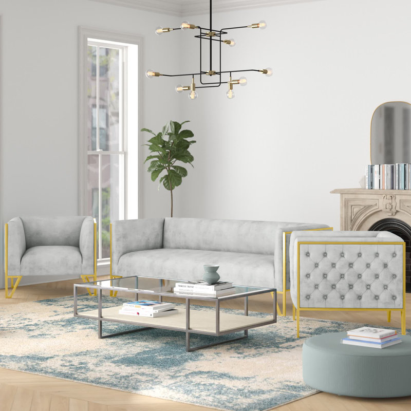 3 - Piece Velvet Living Room Set, Gray Velvet