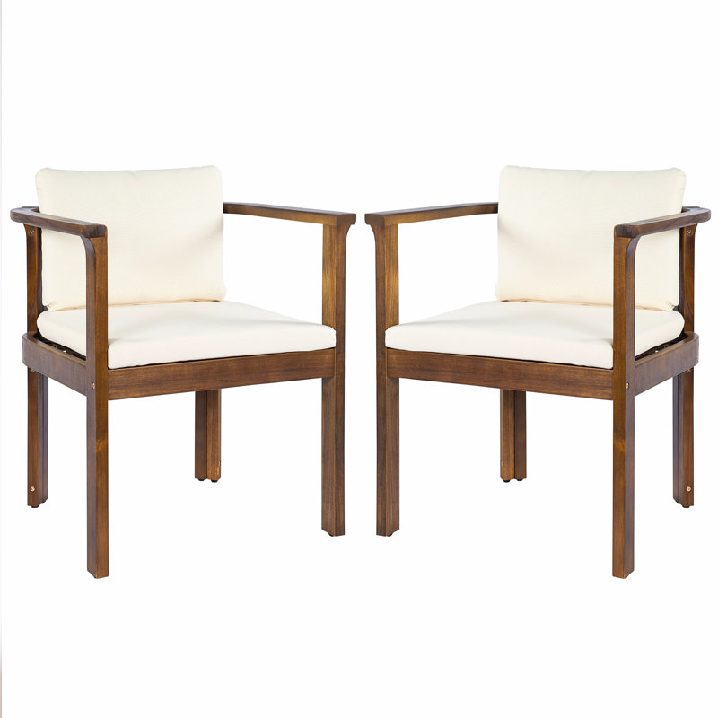 Ensemble de 2 chaises de salle à manger d'extérieur avec accoudoirs courbés en bois d'acacia, finition brune et coussins crème