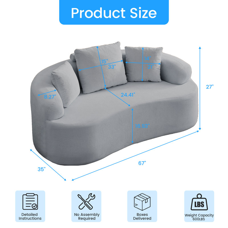 67" Chenille Sectional Curved Sofa With 3 Fluffy Pillows,For Apartment/Small Spaces, Light Gray