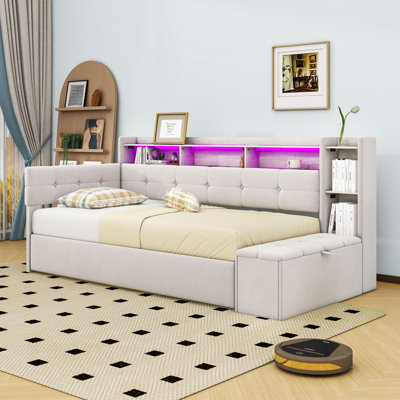 Upholstered Daybed with Twin Trundle, Multi-Functional Storage, USB Ports, and LED Lighting