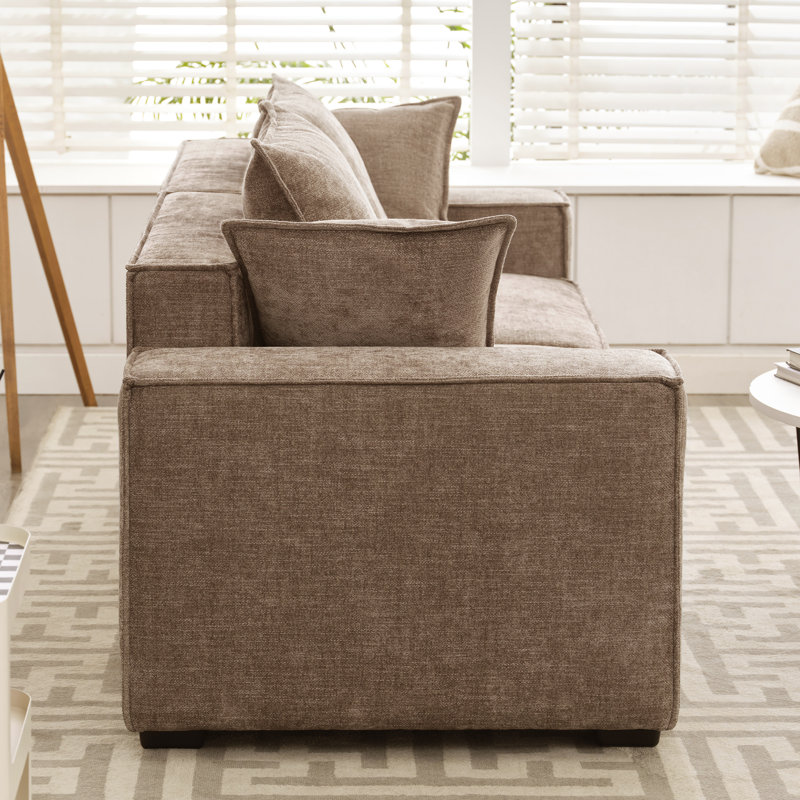 Canapé moderne rembourré de 89 pouces avec accoudoirs carrés et motif chenille, causeuse, Brun
