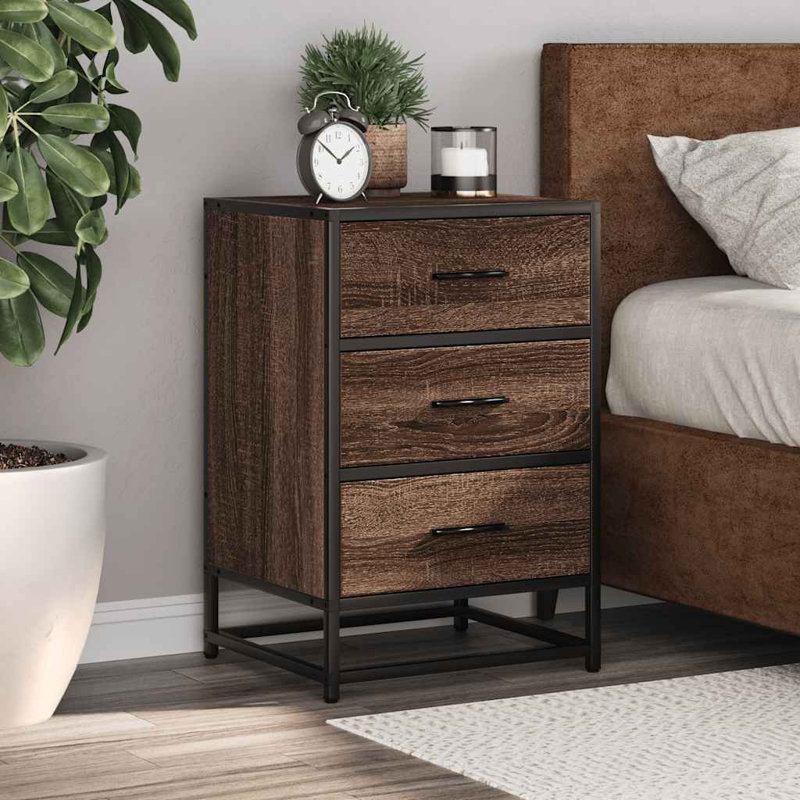40cm W Metal Bedside Table, Brown Oak